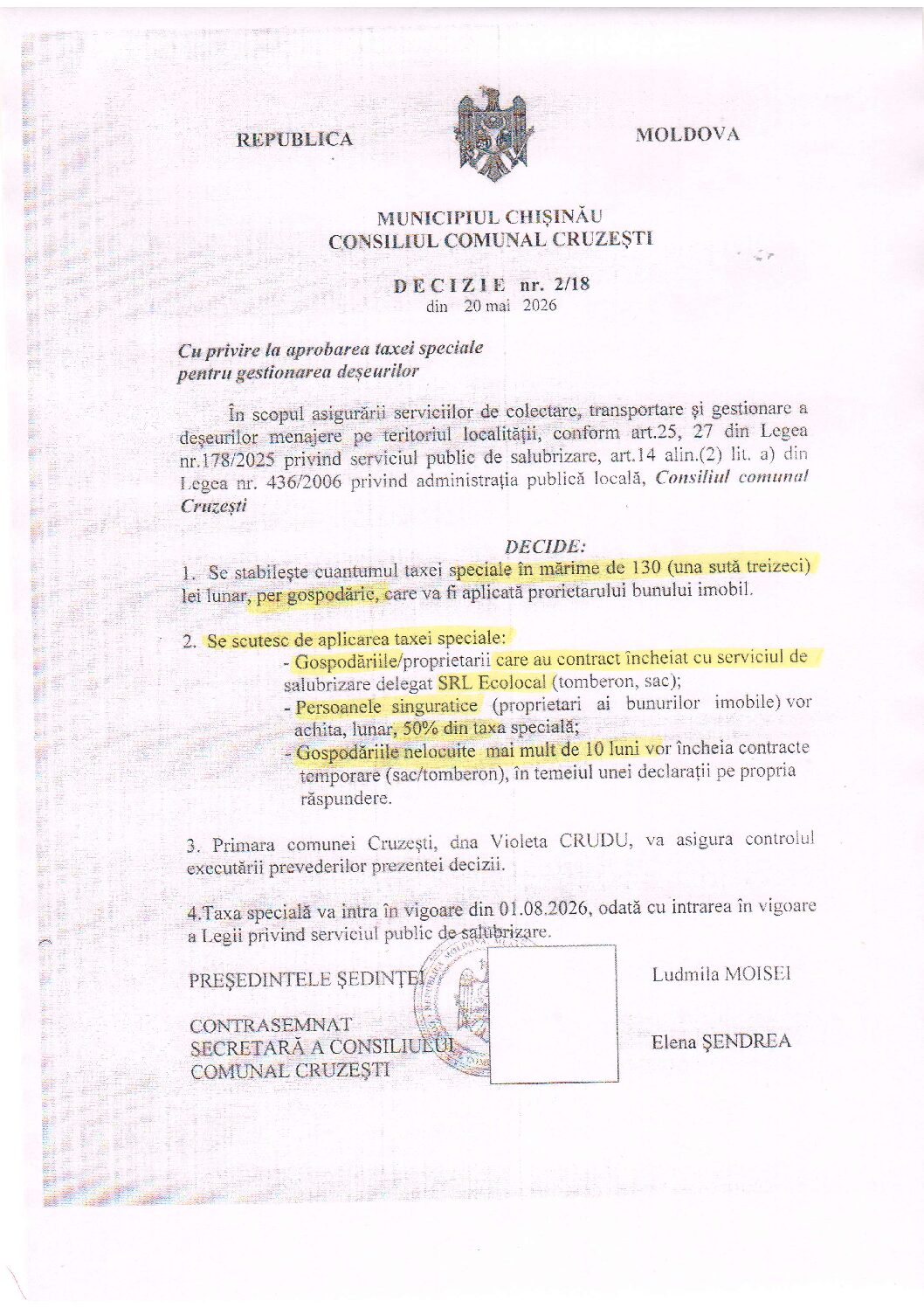Stimați locuitori ai com. Cruzești! De azi, 21 iulie, intră în vigoare OBLIGATIVITATEA, conform Legii serviciului public de salubrizare, de a încheia contracte de gestionare a deșeurilor menajere pentru toate gospodăriile din localitățile care au asemenea serviciu! Pentru gospodăriile din Cruzești, această obligație începe din 1 august. Cei care nu au contracte, vor achita 130 de lei pe lună. Vedeți, vă rog, decizia Consiliului. Rog să vă conformați.
